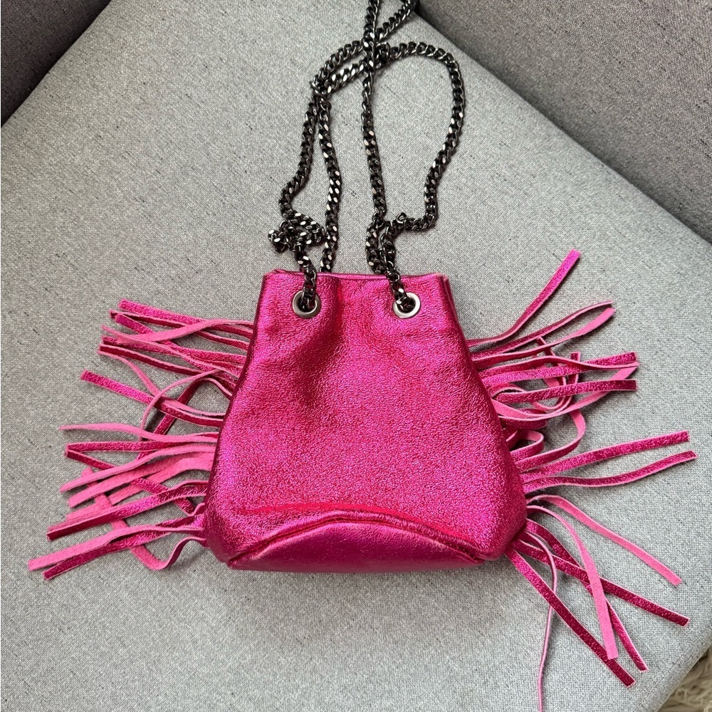Italian leather bag purse with fringe Pink